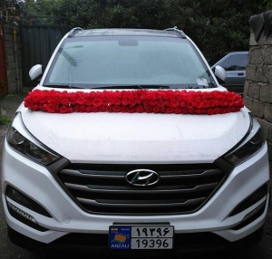 ماشین عروس با گل روی یک خط